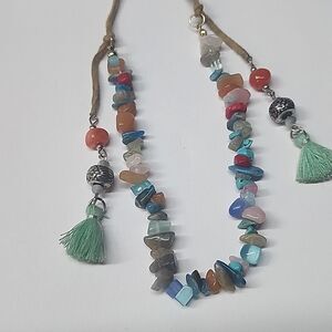 SM Branded Beaded Tassel Leather Neckalce 18" Length